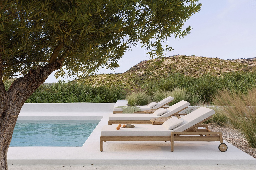 Chaise longue de jardin Teck / coussin fin Off White Jack